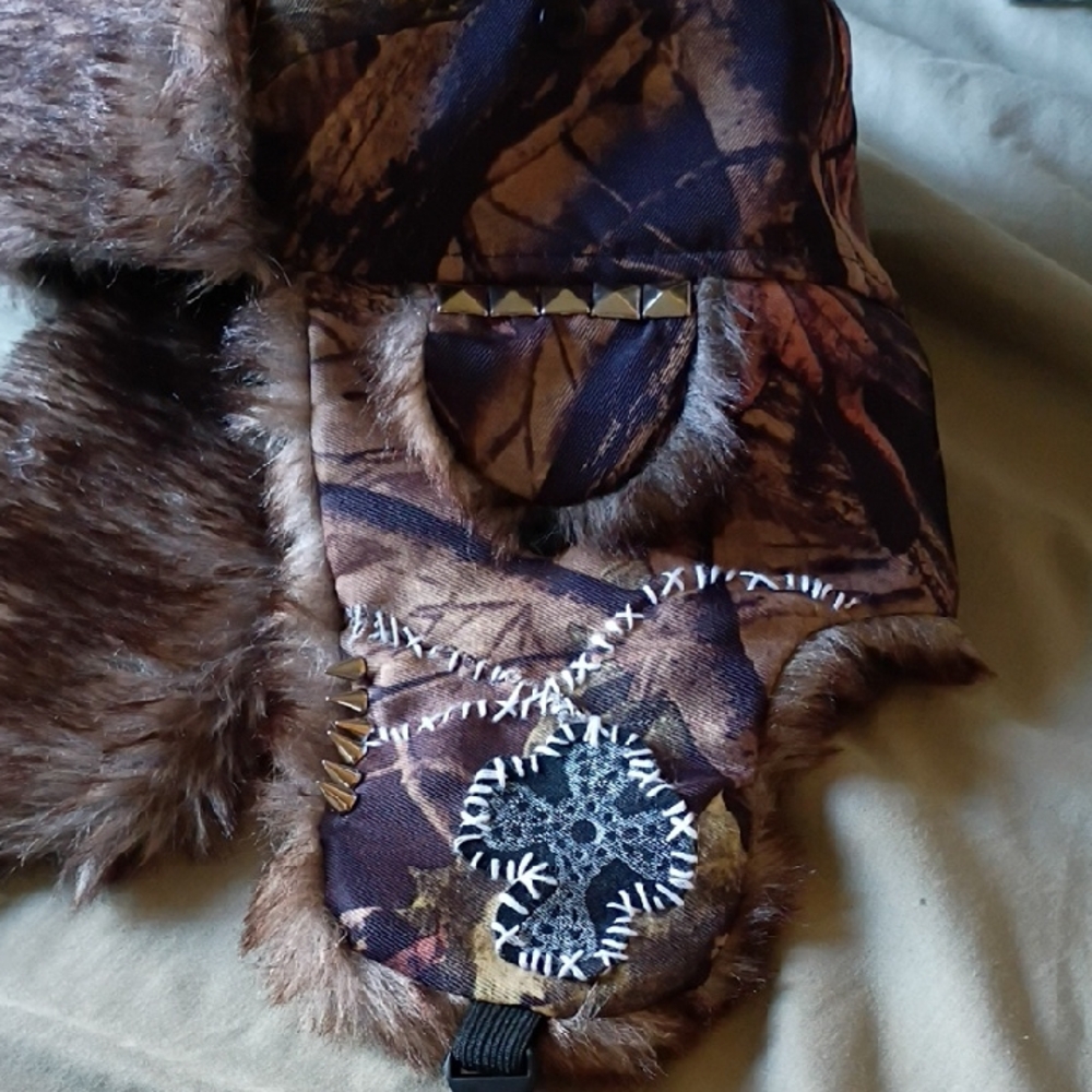 Faux Fur Camo Earflap Hat with Studs and Patch Detail